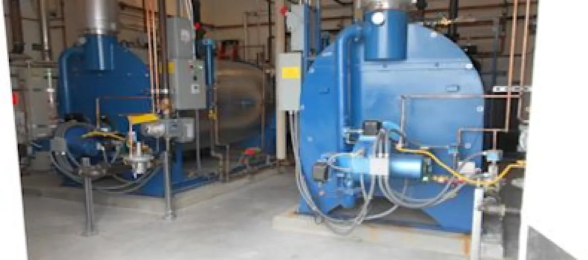 Twin Scotch gas fired boilers installed in mechanical room